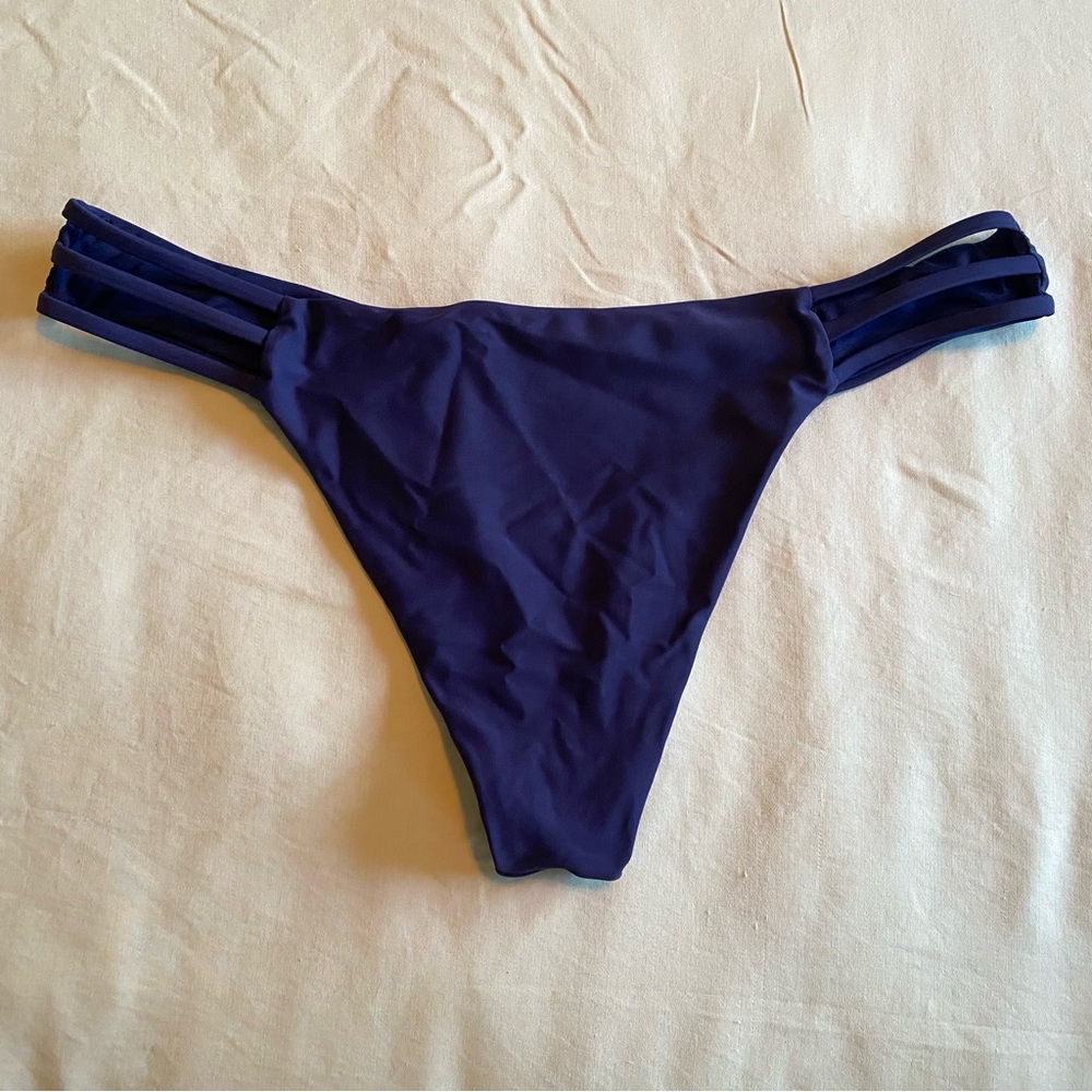 RELLECIGA Navy Blue Triple Strappy Thong Brazilian Bikini Bottom Swimwear